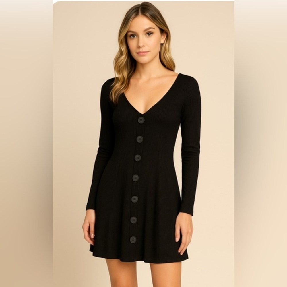 ASOS Petites Womens Black Faux Button Front Ribbed Knit V-neck Dress NWT 4 #2032